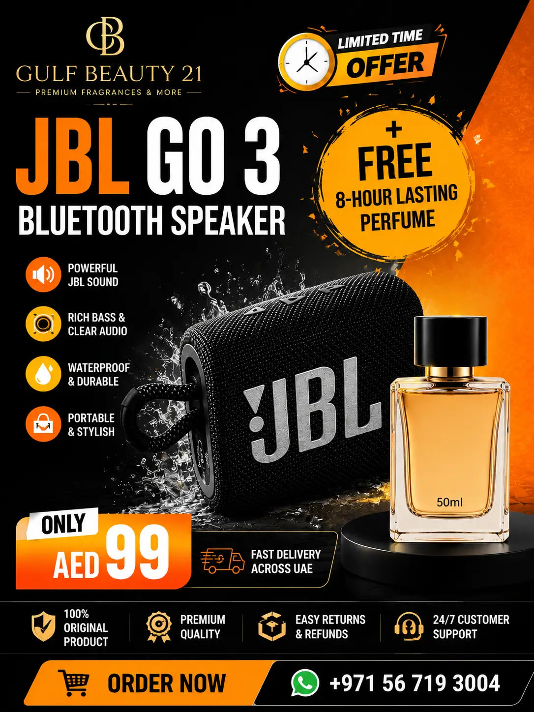 JBL Go 3 Bluetooth Speaker + Free 8-Hour Lasting Perfume