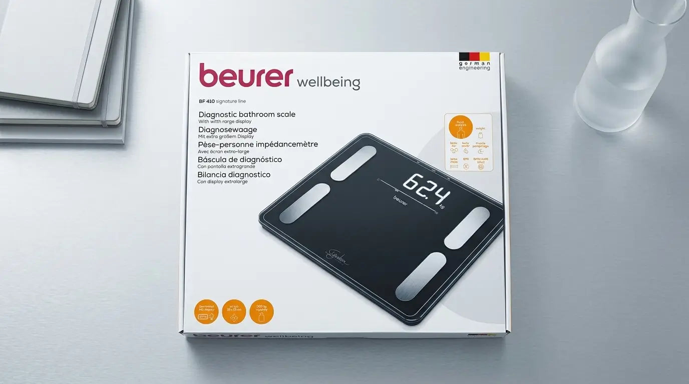Beurer diagnostic bathroom scale packaging on a light gray background