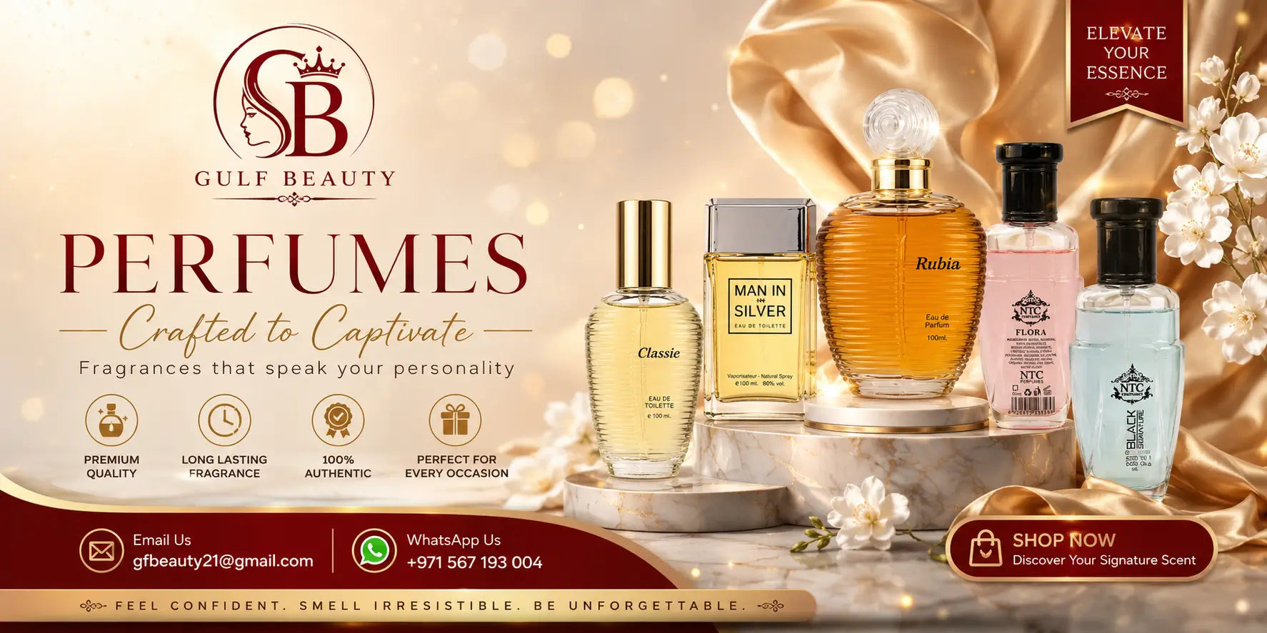 Gulf Beauty perfumes with branding and product display on a decorative background