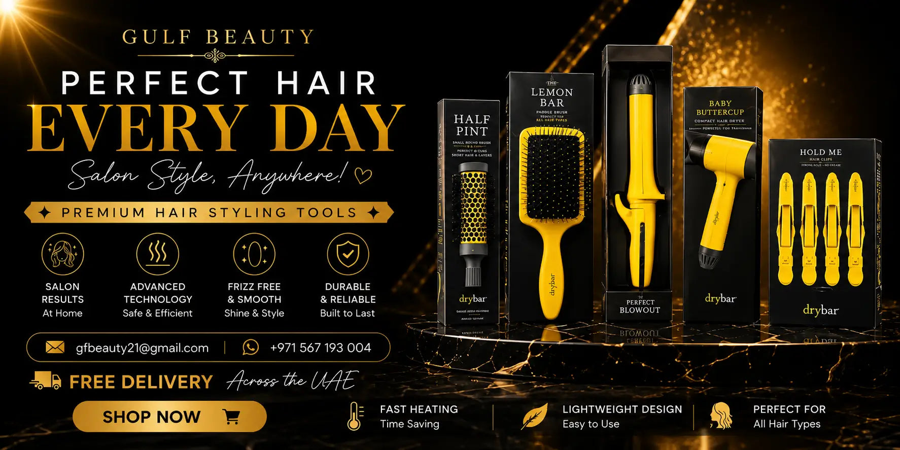 Gulf Beauty hair styling tools with packaging on a dark background