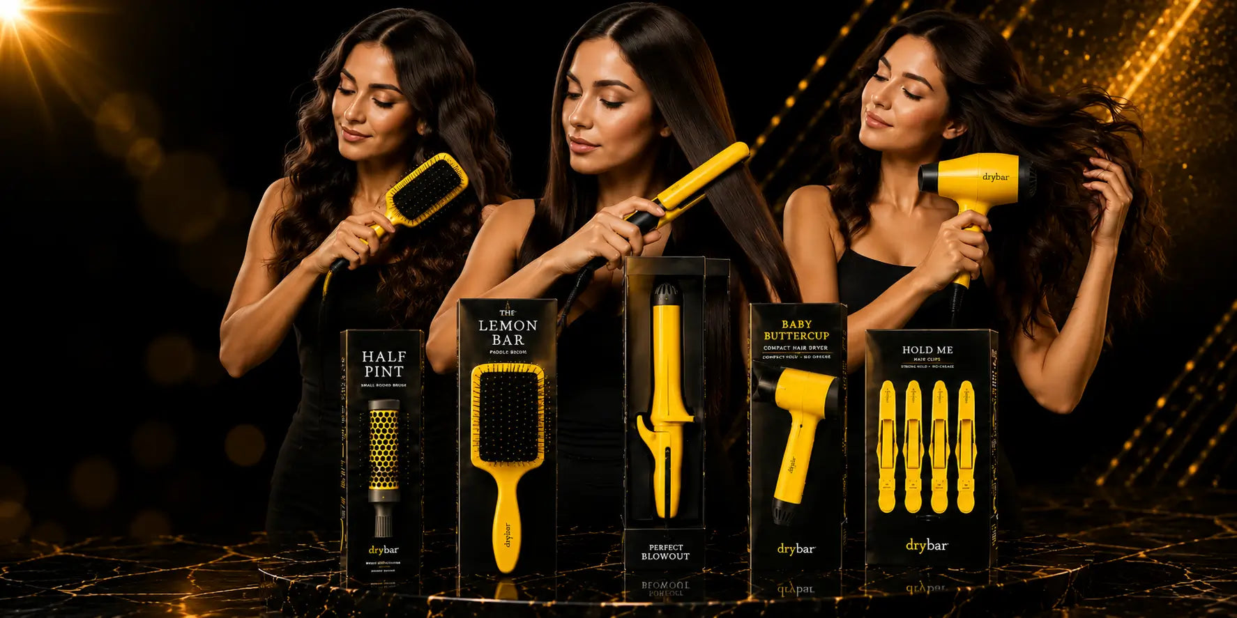 Three women using hairbrushes with product packaging displayed in front on a dark background.